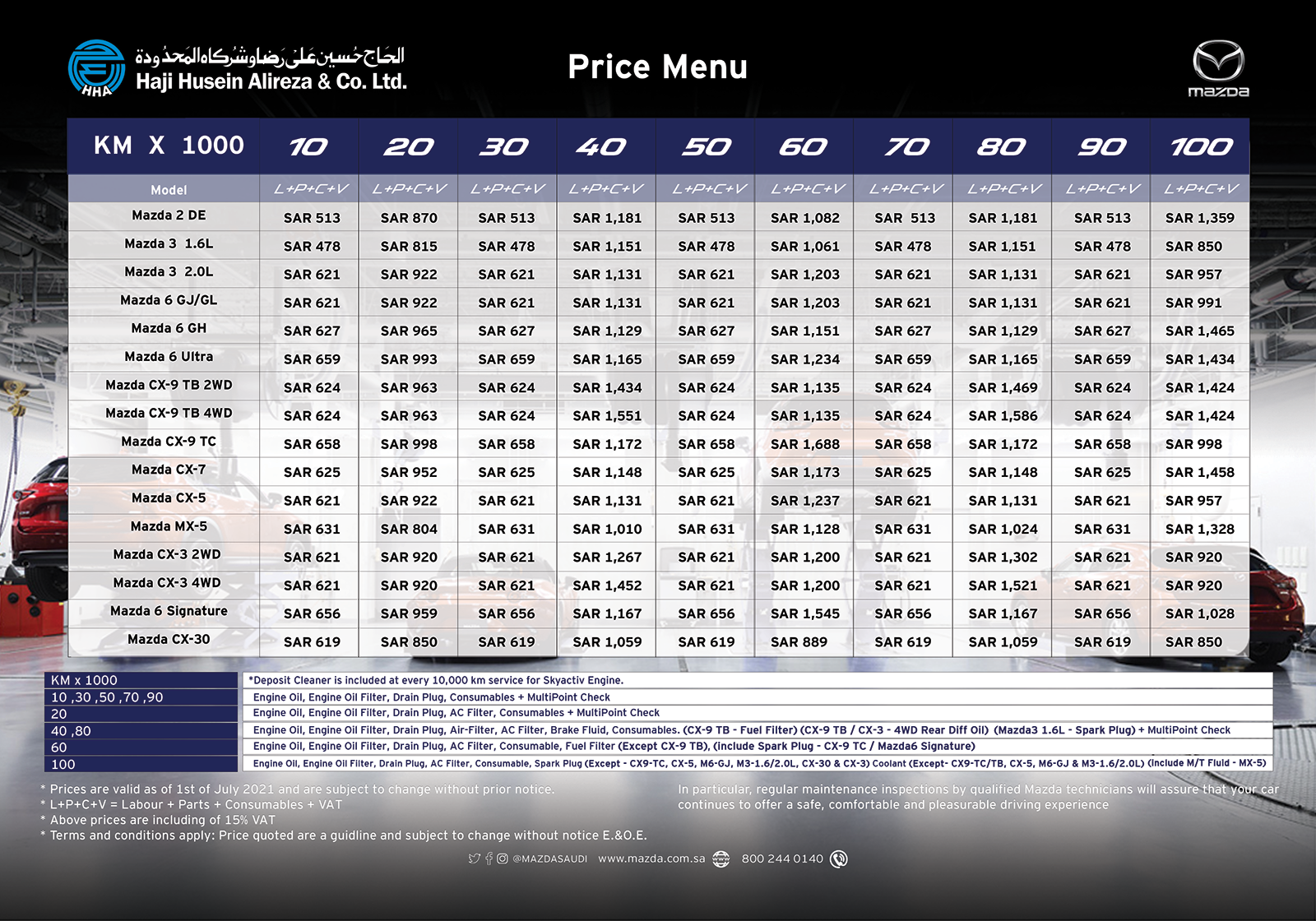 Mazda Service Price Menu
